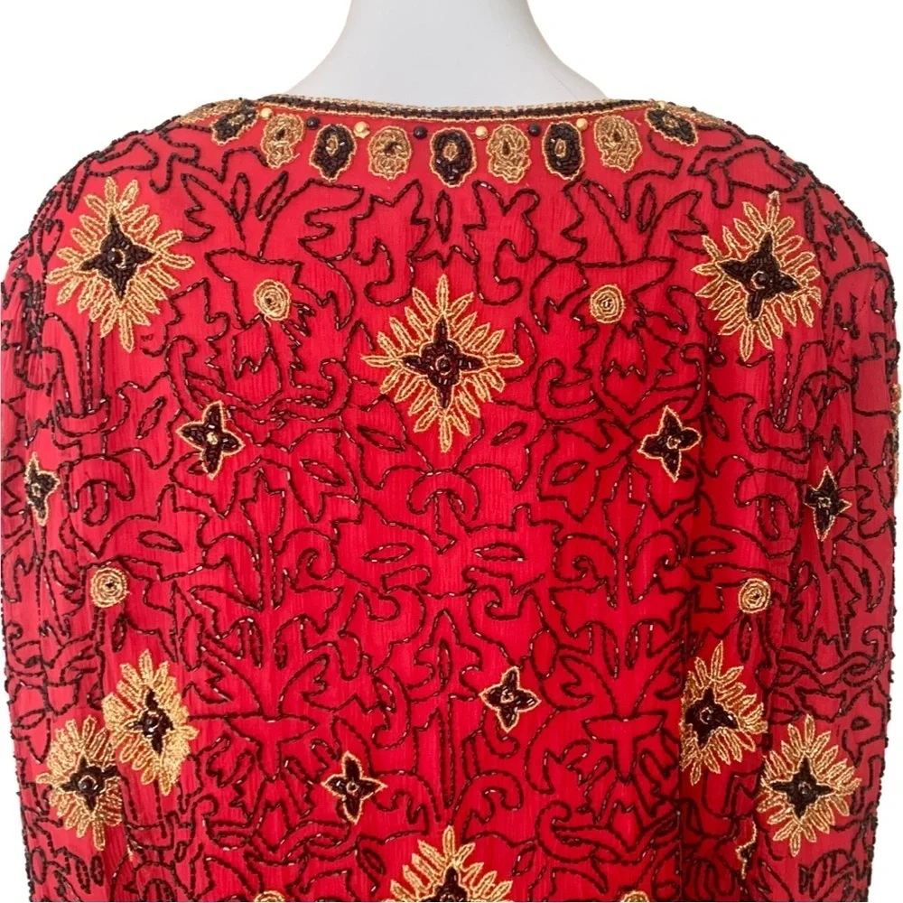 Adrianna Papell Boutique Evening Jacket Vintage 90’s Silk Beaded Red Gold 12 - Picture 12 of 16